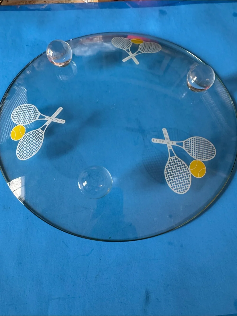 vintage clear glass serving platter featuring frosted tennis racket motifs
